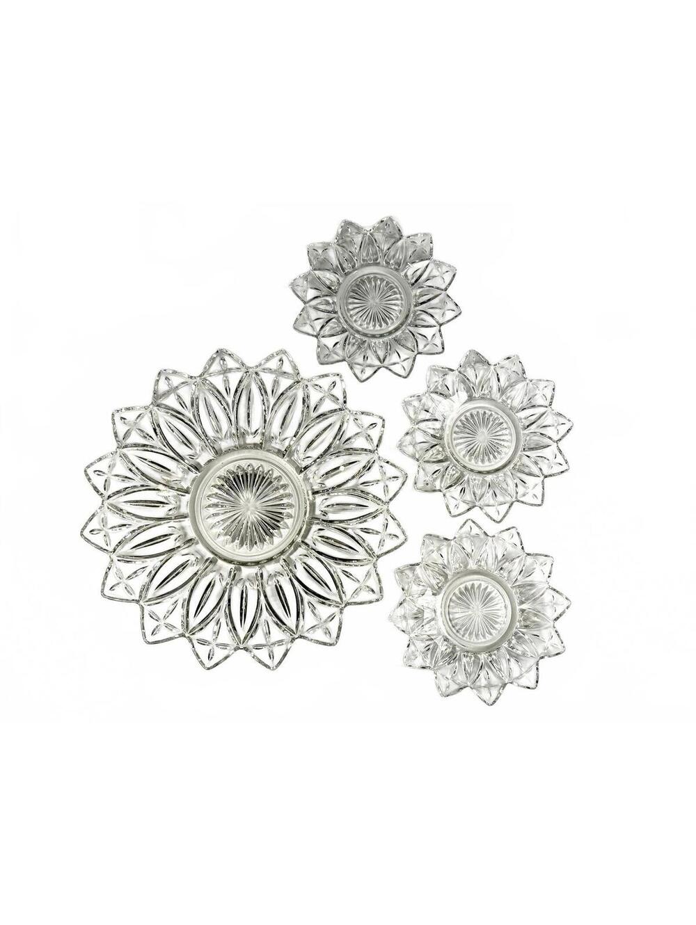 Vintage Set Federal Glass Clear Petal Sunflower Plates 3 Small & 1 Large